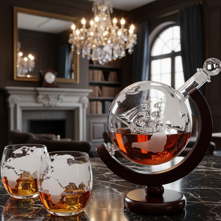 Decantador Cristal Globo 900ml com Suporte em Madeira