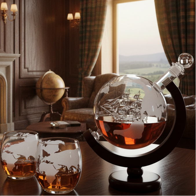 Decantador Cristal Globo 900ml com Suporte em Madeira