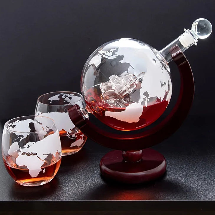 Conjunto de decantador de globo criativo 900ml, com jarra sem chumbo, suporte de madeira requintado e 2 copos, decantador de uísque, presente de grau globo