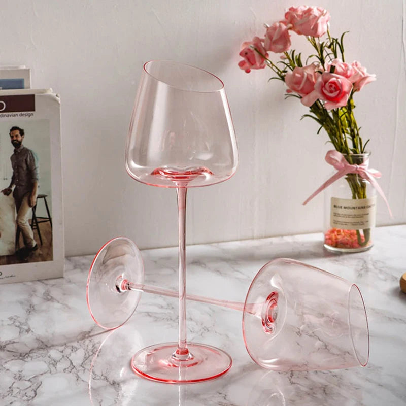 Conjunto de copos de vinho tinto flamingo rosa francês, taça de vidro de cristal, boca inclinada criativa, fundo côncavo, copo de vinho champanhe azul