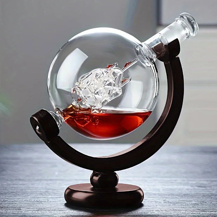 Decantador Cristal Globo 900ml com Suporte em Madeira