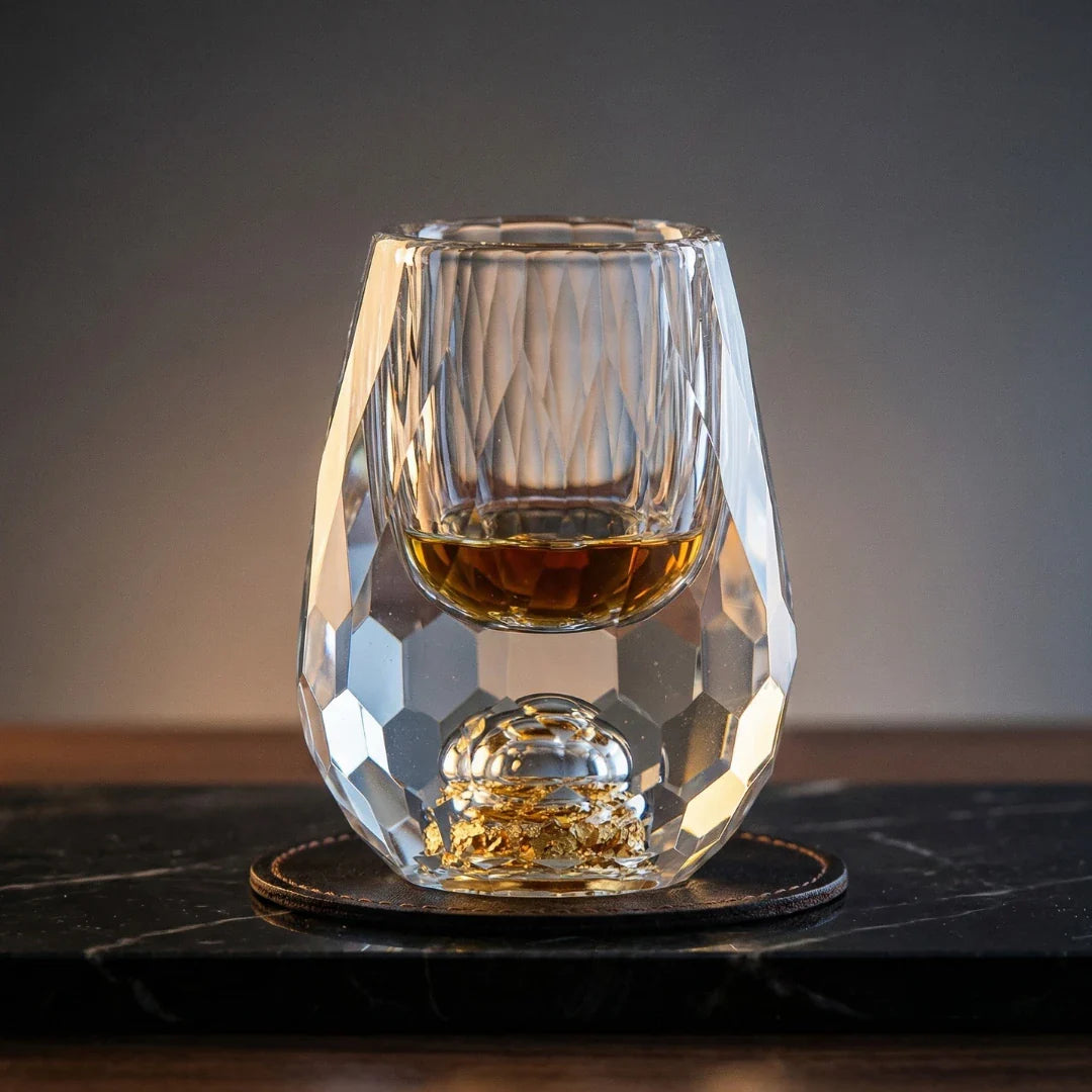 Copo Cristallo Gaboni com whisky sobre porta-copos de couro